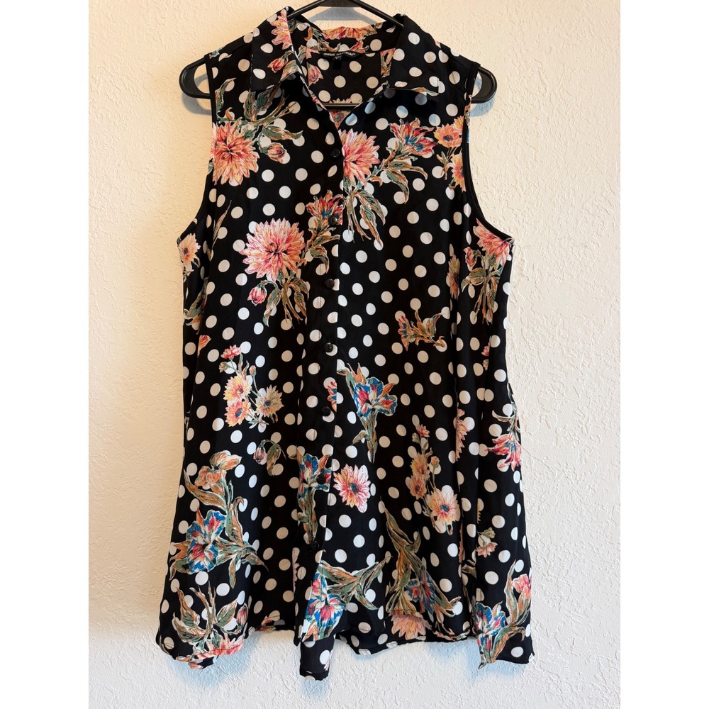 Unique Spectrum Sleeveless Floral Polka Dot Button Down Top Black Large